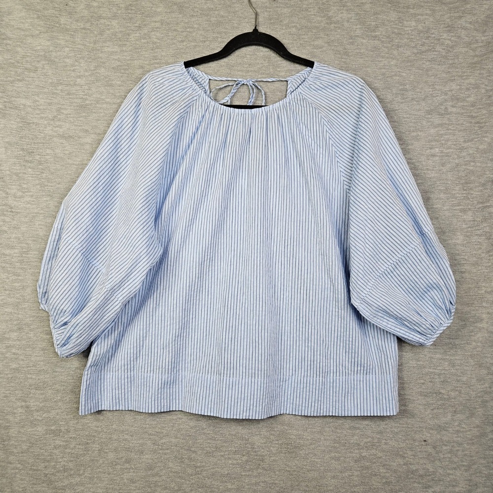 ARKET Blue White Striped Cotton Linen Puff Sleeve Tie Back Blouse EUR 36 US S